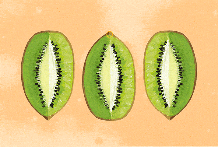 Wedges of a kiwi fruit in various sizes with one triggering an alarm at the tip.