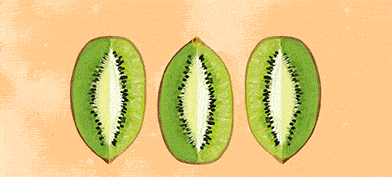 Wedges of a kiwi fruit in various sizes with one triggering an alarm at the tip.