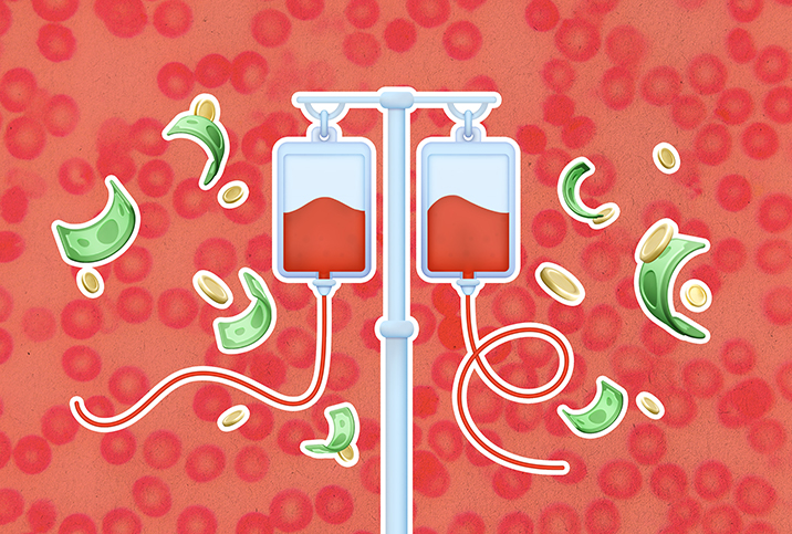 Two-bags-of-blood-hang-on-an-IV-pole-with-money-floating-in-the-air