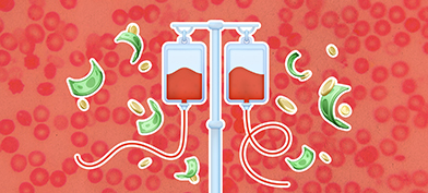 Two-bags-of-blood-hang-on-an-IV-pole-with-money-floating-in-the-air