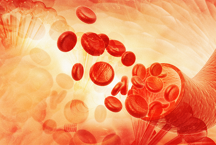 Blood cells pour out of a drawn blood vessel.