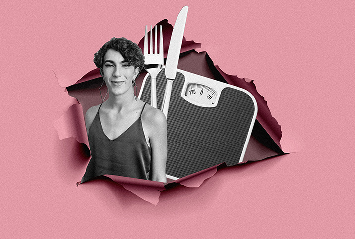 An LGBTQIA person is next to eating utensils and a scale against a pink background.