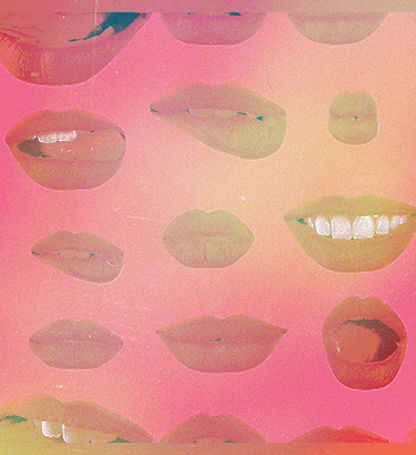Multiple pairs of lips against a pink background are in various sexy poses.