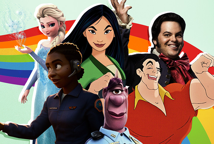 Multiple Disney characters suspected to be LGBTQIA+ are in a collage against a rainbow ribbon.