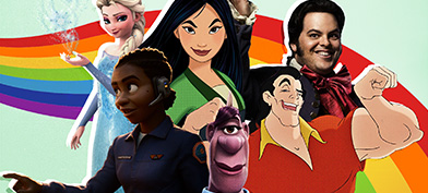 Multiple Disney characters suspected to be LGBTQIA+ are in a collage against a rainbow ribbon.