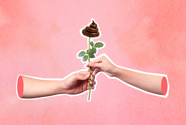 Two hands hold onto a stemmed flower with poop atop instead of a rosebud.