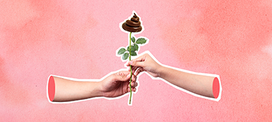 Two hands hold onto a stemmed flower with poop atop instead of a rosebud.