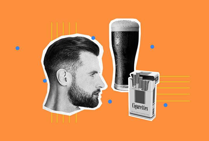 The head of a man is next to a glass of beer and a pack of cigarettes against an orange background.