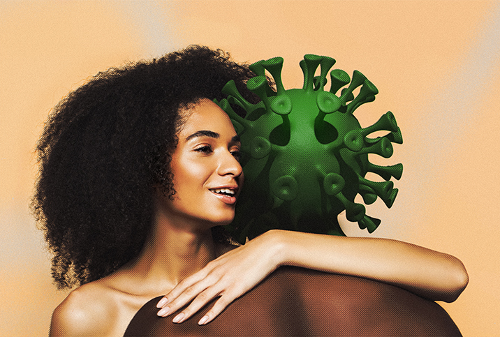 A woman hugs another person with Coronavirus for a head.