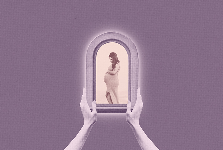 Two hands hold up a window frame showing a pregnant woman against a purple background.