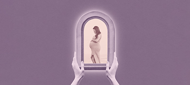 Two hands hold up a window frame showing a pregnant woman against a purple background.