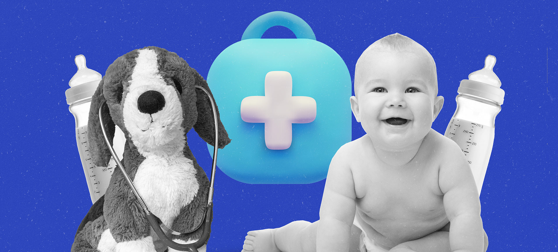 A stuffed dog with a stethoscope is next to a blue medical kit, a baby, and two bottles of formula against a blue background.