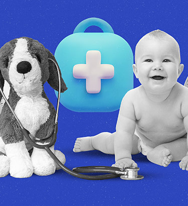 A stuffed dog with a stethoscope is next to a blue medical kit, a baby, and two bottles of formula against a blue background.