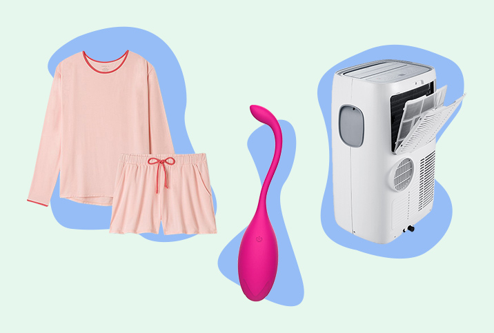 Pajamas, a vibrator, and an AC unit are on a blue and mint background.