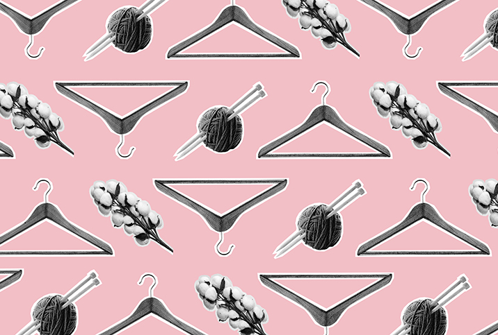 A collage of coat hangers, knitting needles, and cotton root are against a pink background.