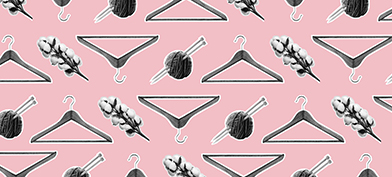 A collage of coat hangers, knitting needles, and cotton root are against a pink background.