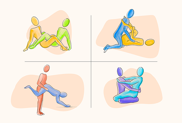 Four different sex positions that double as workouts are illustrated in a 2x2 grid.