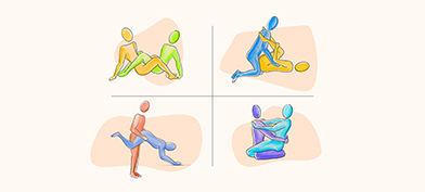 Four different sex positions that double as workouts are illustrated in a 2x2 grid.