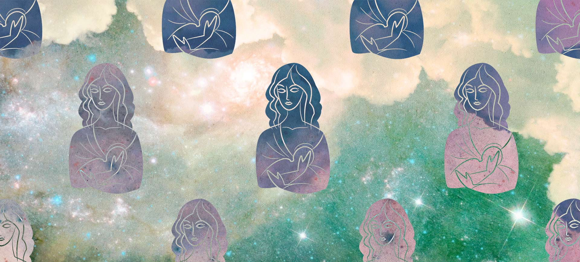 Multiple women are breastfeeding against a green and yellow starry background.