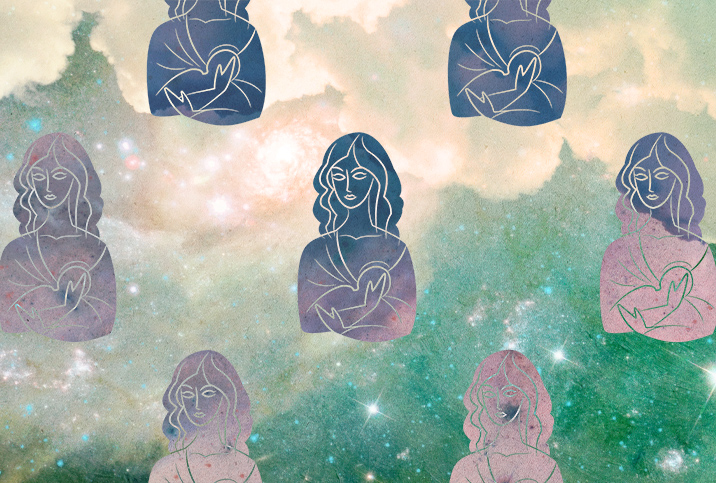 Multiple women are breastfeeding against a green and yellow starry background.