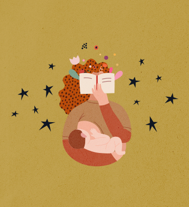 A woman breastfeeds her newborn with one hand while reading a book in her other hand.