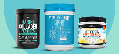 Different brands of collagen peptides supplements are beside each other on a blue background.
