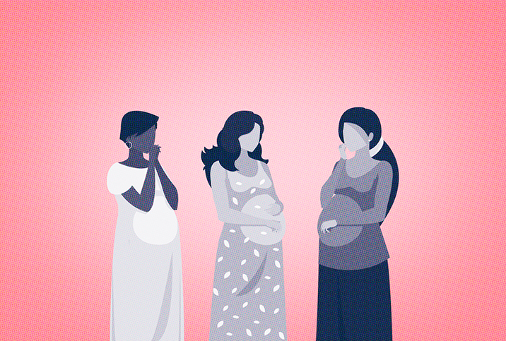 Three illustrated pregnant people look at each other on a pink background.