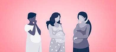 Three illustrated pregnant people look at each other on a pink background.