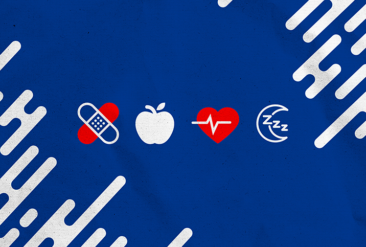 Health symbols from the cover of A Field Guide to Men's Health display on a blue background.