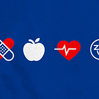 Health symbols from the cover of A Field Guide to Men's Health display on a blue background.