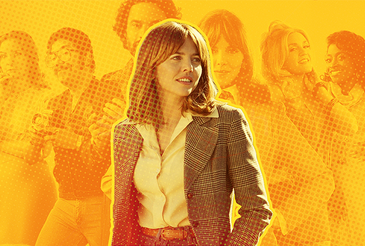 Lead actress of Minx on HBO Ophelia Lovibond is layered over a yellow collage of the cast.