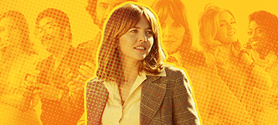 Lead actress of Minx on HBO Ophelia Lovibond is layered over a yellow collage of the cast.