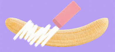 A phallic banana against a purple background is being removed by an eraser.