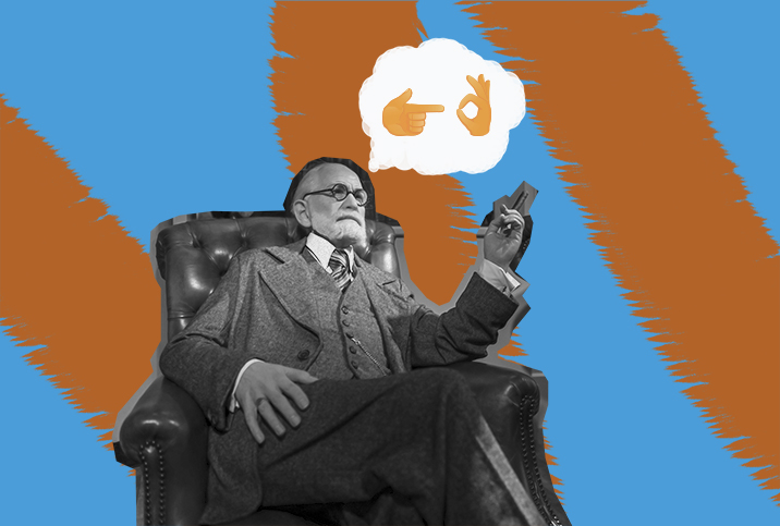 Sigmund Freud is sitting in a chair with a thought bubble of two emojis signifying sex.