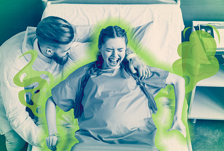A man stands next to a woman in labor with a green odor cloud around her.