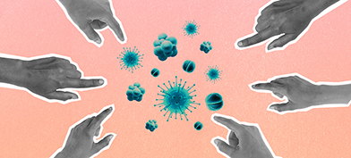 Different hands are are pointing fingers at multiple STI viruses against a peach background.