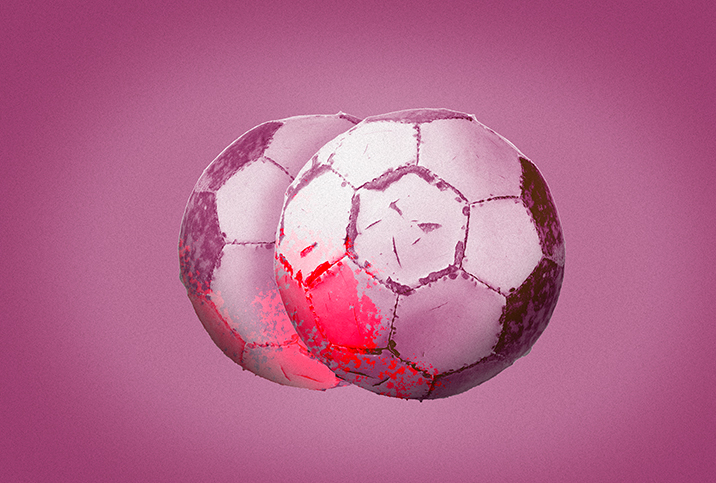 Two peeling soccer balls sit side by side on a purple background with one area highlighted red.