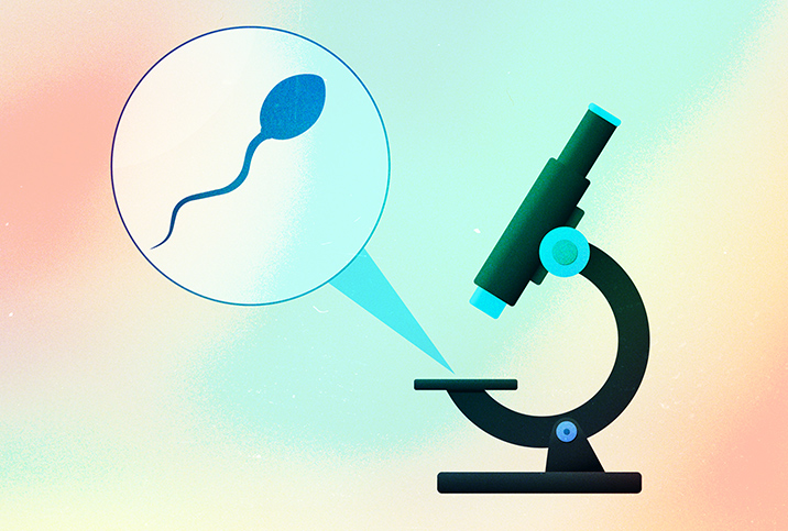 A sperm is shown in a bubble above a microscope against a pastel background.