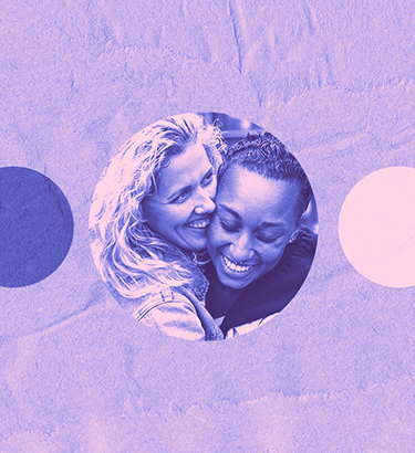 Seven circles sit against a purple background with two woman hugging and smiling in the center circle.