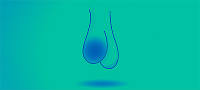 A blue outline of a penis and testicles sits against a green background with one testicle having a large blue tumor.