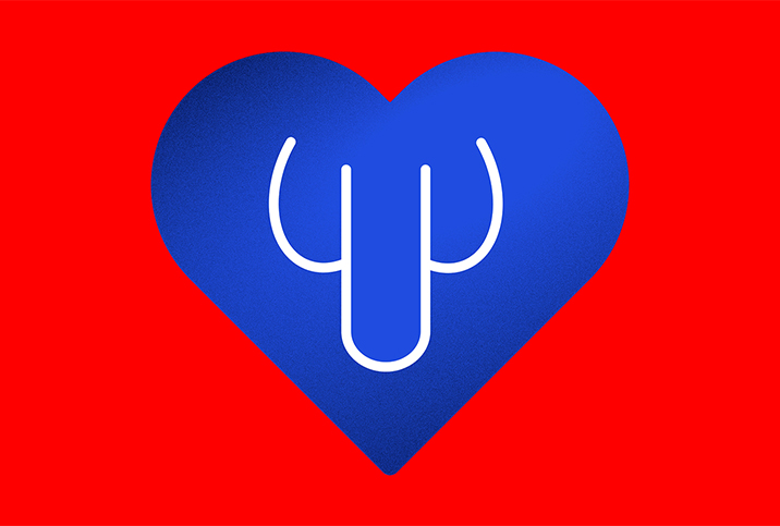 A white outline of a penis and testicles sits inside of a blue heart against a red background.