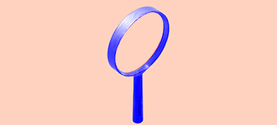 A blue magnifying glass is on a pink background.