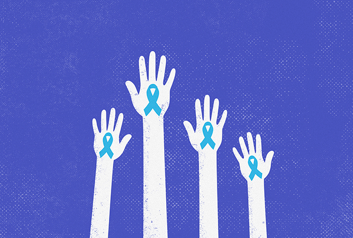 Four drawn white hands reach upward with blue ribbons on their palms.