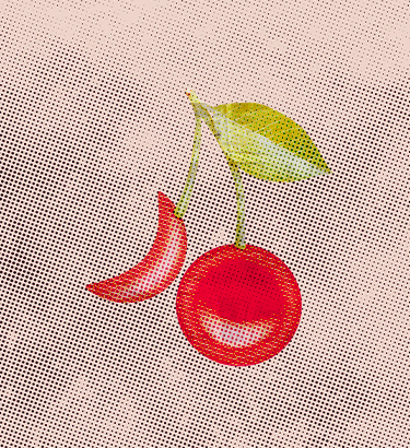 Two cherries hang from a stem but one is sickle-shaped.
