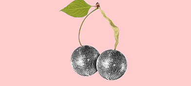 Two disco balls hang from a split cherry stem, one side of which shrinks from a bulbous shape back to normal.