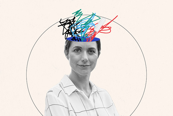The top half of a woman's head is removed and colorful drawn lines emerge.