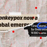 Newspaper headlines about Monkeypox are taped onto a paper background.