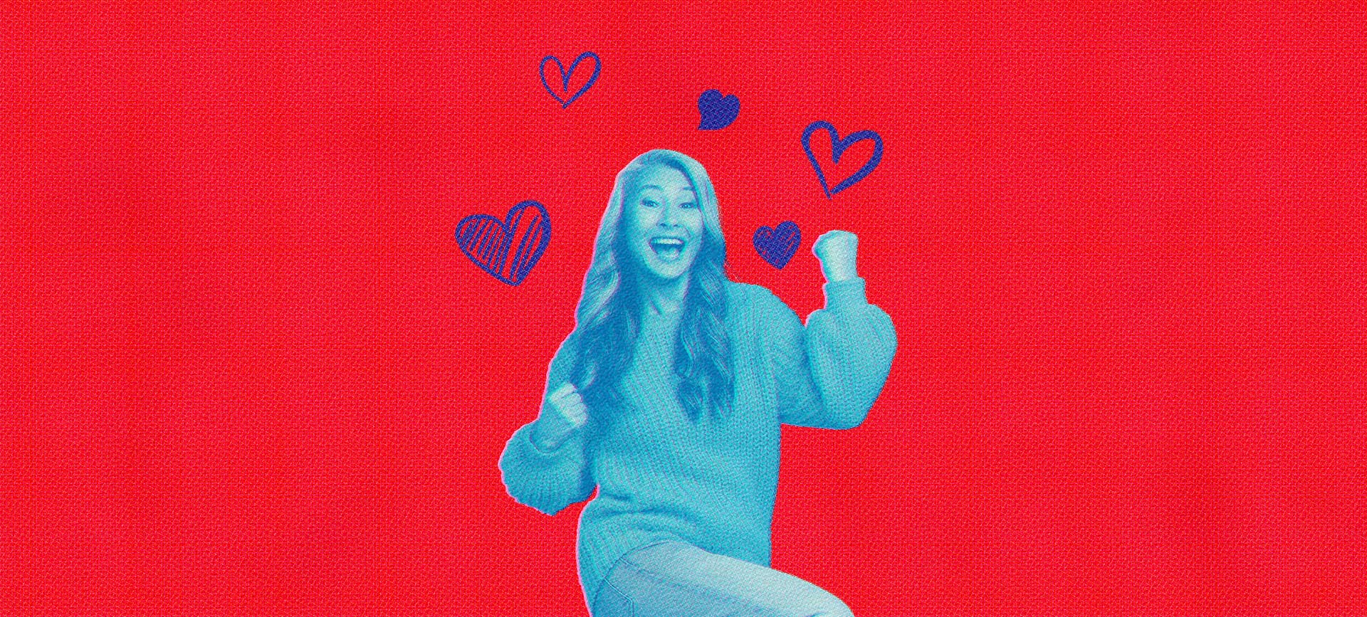 A woman cheers with blue hearts over her head against a red background.