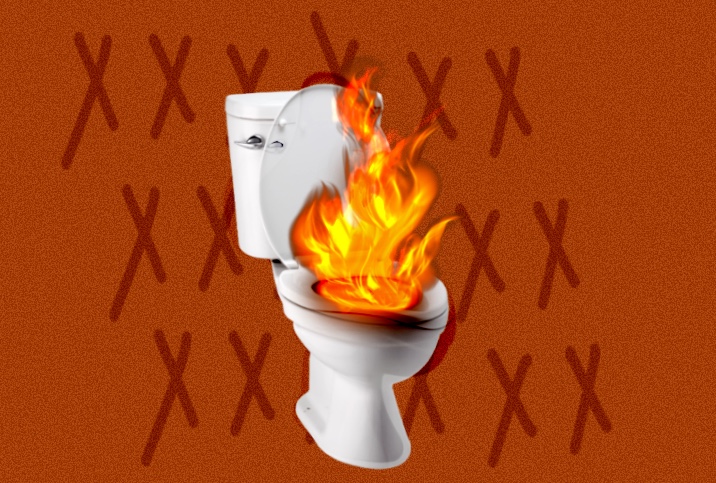 A toilet bowl on fire with a red background filled with X's.