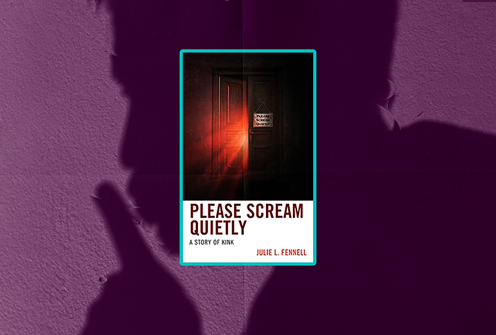 The cover of the book Please Scream Quietly layers over a purple silhouette of a person shushing.